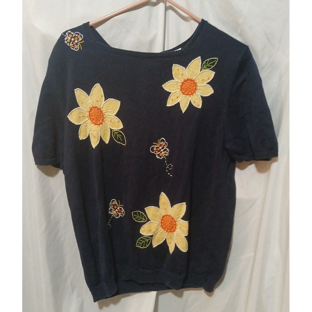 Vintage Knit Alfred Dunner Flower Butterfly Short Sleeved Shirt Medium